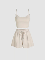 U-neckline Crop Cami Top & Drawstring Wide Leg Shorts Set