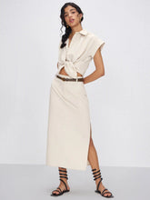 Linen-blend Mid Rise Solid Midi Skirt With Belt