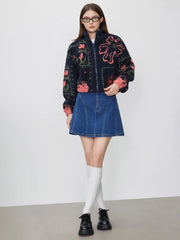 Fleece High Neck Graphic Zipper Jacket