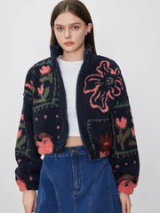 Fleece High Neck Graphic Zipper Jacket
