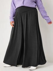 Solid Jersey Middle Waist Ruffle Pocket Wide Leg Trousers Curve & Plus
