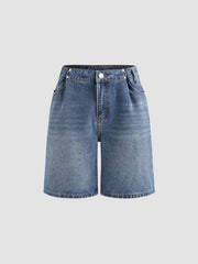 Denim High Rise Solid Wide Leg Shorts