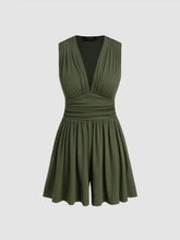 V-neck Solid Ruched Pocket Romper