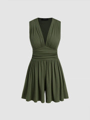 V-neck Solid Ruched Pocket Romper