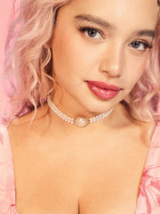 Faux Pearl & Rhinestone Decor Layered Choker Necklace