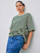 Cotton-blend Round Neck Striped Oversized Short Sleeve Tee