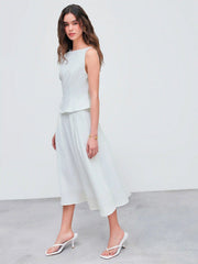 Woven Boat Neck Solid Tank Top & Mid Rise Midi Skirt