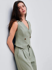 Linen-blend V-neck Solid Button Vest