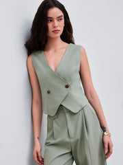 Linen-blend V-neck Solid Button Vest