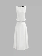 Woven Boat Neck Solid Tank Top & Mid Rise Midi Skirt