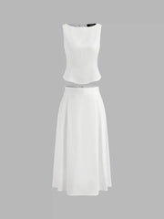 Woven Boat Neck Solid Tank Top & Mid Rise Midi Skirt