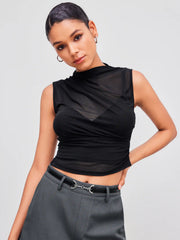 Mesh High Neck Solid Tank Top & Crop Cami Top