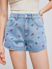 Cider Denim Mid Rise Cherry Embroidery Straight Leg Micro Shorts