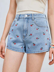 Cider Denim Mid Rise Cherry Embroidery Straight Leg Micro Shorts