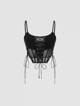 Mesh Scoop Neckline Solid Corset Lace Up Cami Crop Top
