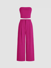 Solid Shirred Tube Top & High Waist Pants Set