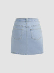 Denim Solid High Waist Split Mini Skirt