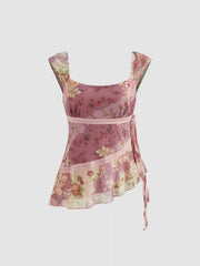 Mesh U-neckline Floral Asymmetrical Ruffle Trim Knotted Tank Top