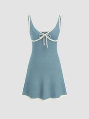 Knitted V-neck Solid Contrasting Binding Knotted Mini Dress