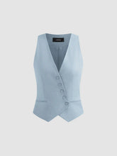 Linen-blend V-neck Solid Button Jacket Vest