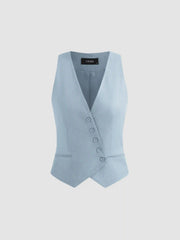 Linen-blend V-neck Solid Button Jacket Vest