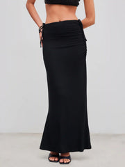 Mid Rise Solid Ruched Maxi Skirt