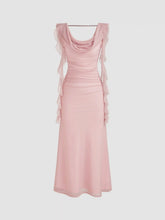 Cowl Neck Solid Ruffle Hem Ruched Maxi Dress