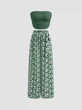 Strapless Solid Ruched Crop Top & Mid Rise Floral Knotted Wide Leg Trousers