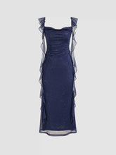 Cowl Neck Solid Glitter Ruffle Hem Maxi Dress