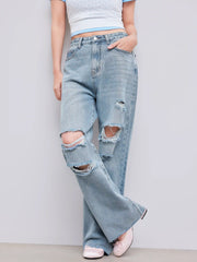 Mid Rise Ripped Straight Leg Jeans
