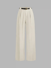 Petite Mid Rise Solid Straight Leg Trousers With Belt