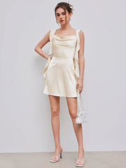 Satin Ruched Ruffle Hem Mini Dress