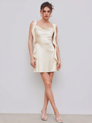 Satin Ruched Ruffle Hem Mini Dress