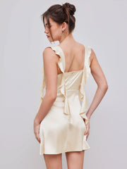 Satin Ruched Ruffle Hem Mini Dress