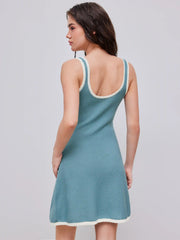 Knitted V-neck Solid Contrasting Binding Knotted Mini Dress