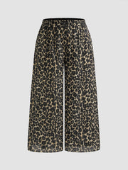 Woven Mid Rise Elastic Waist Leopard Pocket Wide Leg Trousers Curve & Plus