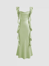 Satin Cowl Neck Solid Ruffle Hem Maxi Dress