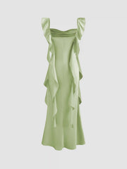 Satin Cowl Neck Solid Ruffle Hem Maxi Dress