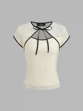 Round Neckline Floral Contrasting Binding Cut Out Knotted Short Sleeve Top