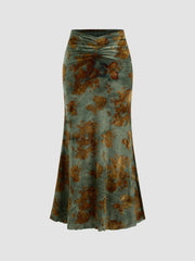 Mid Rise Floral Ruched Maxi Mermaid Skirt
