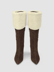 FAUX SUEDE & FUZZY CHUNKY HEEL KNEE HIGH BOOTS