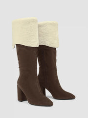 FAUX SUEDE & FUZZY CHUNKY HEEL KNEE HIGH BOOTS
