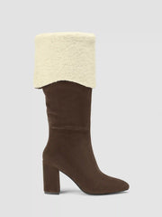 FAUX SUEDE & FUZZY CHUNKY HEEL KNEE HIGH BOOTS