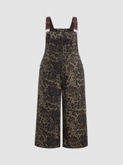 Denim Leopard Button Pocket Wide Leg Jumpsuit Curve & Plus