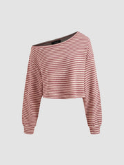 Cotton-blend Asymmetrical Neck Stripe Oversized Crop Sweatshirt