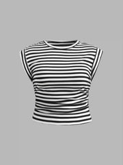 Cotton-blend Round Neckline Striped Ruched Top Curve & Plus
