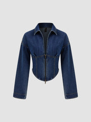 Denim Collar Solid Corset Zipper Jacket
