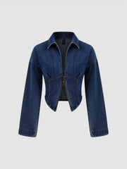 Denim Collar Solid Corset Zipper Jacket
