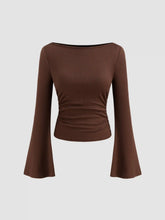 Boat Neck Solid Ruched Long Sleeve Tee & Mid Rise Solid Pocket Straight Leg Trousers With Belt