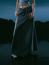 Denim Mid Waist Solid Pocket Maxi Skirt